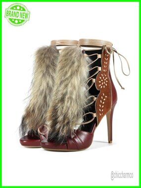 Stiletto Ankle High Heeled Sandal Bootie, Suede Furry Fur Fluffy Plush Gold